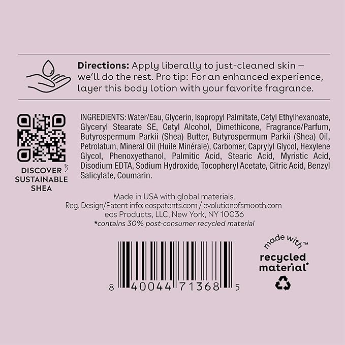 eos Shea Better Body Lotion Coconut Waters, 24-Hour Moisture Skin Care, Lightweight & Non-Greasy, Natural Shea, Vegan, Coconut Body Lotion, 16 fl oz
