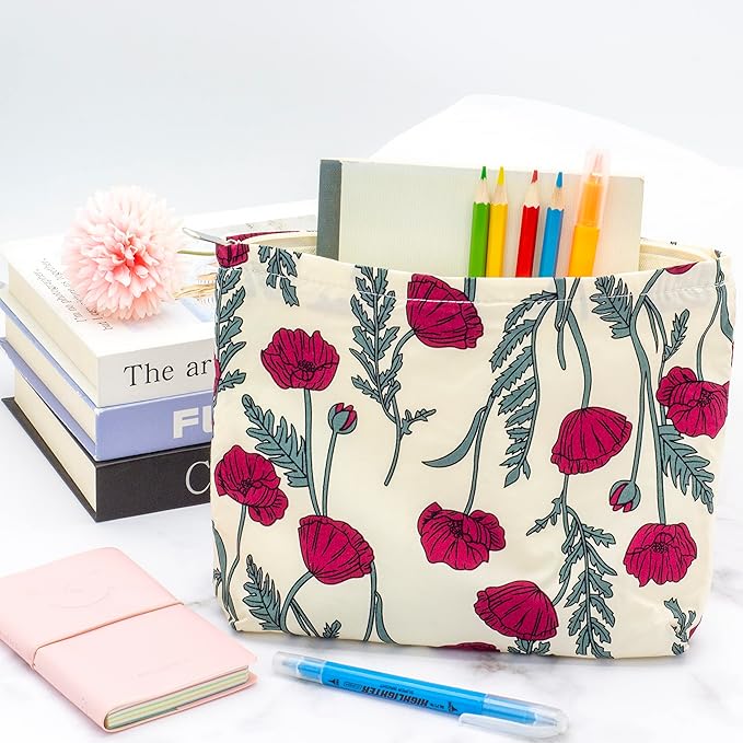 Flat Makeup Bag for Women,Zipper Cosmetic Pouch for Purse,Poppy Beige