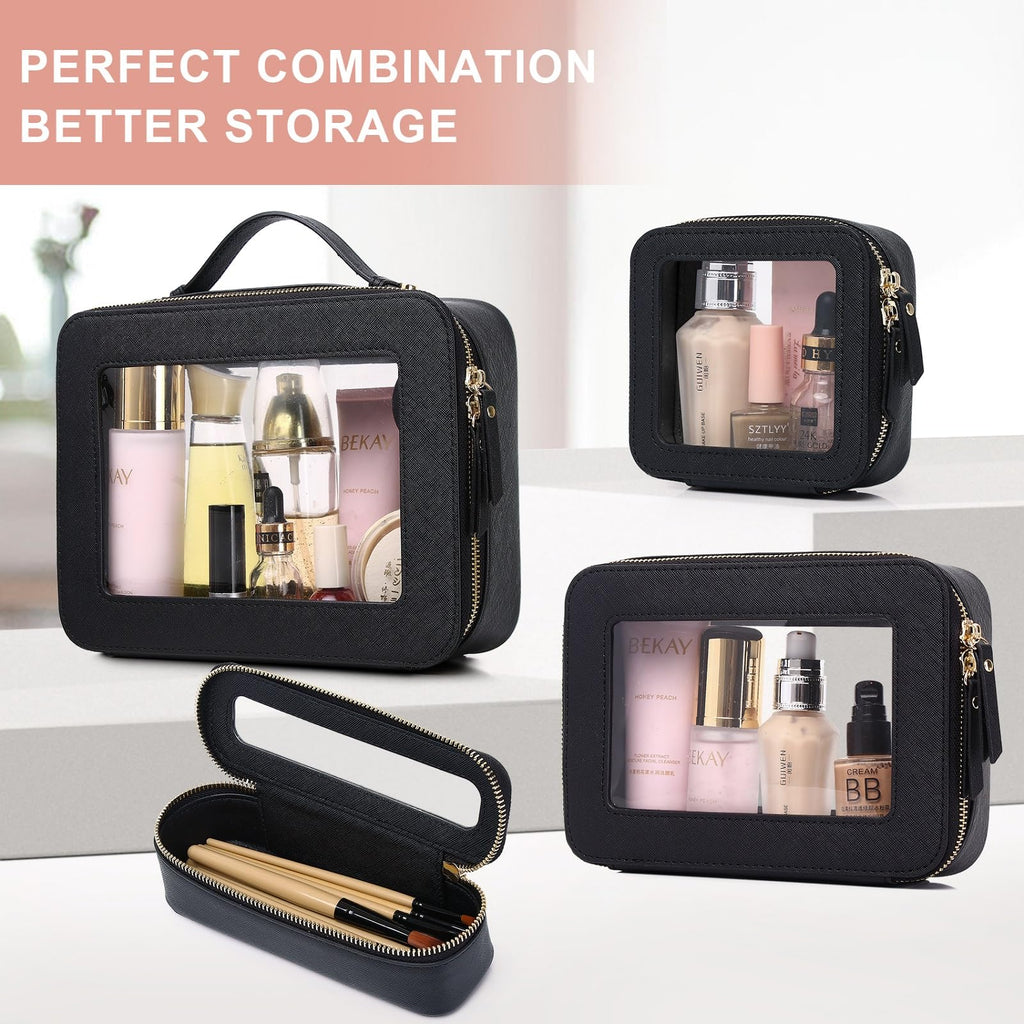 Pinkmik Clear Makeup Bag Waterproof Travel Case for Cosmetics and Toiletries Women's Purse Organizer and Clear Car Bag with Zipper (Black, L+M+MINI)