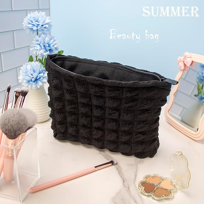 Flat Makeup Bag for Women,Zipper Cosmetic Pouch for Purse,Bubble Black