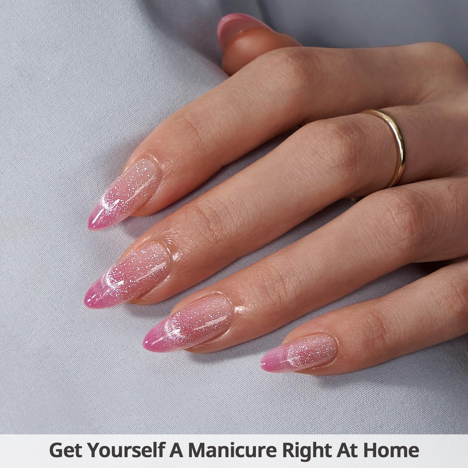 BTArtbox Press On Nails, Rosy Dew, Medium Almond, Pink Cat Eye, 30Ct