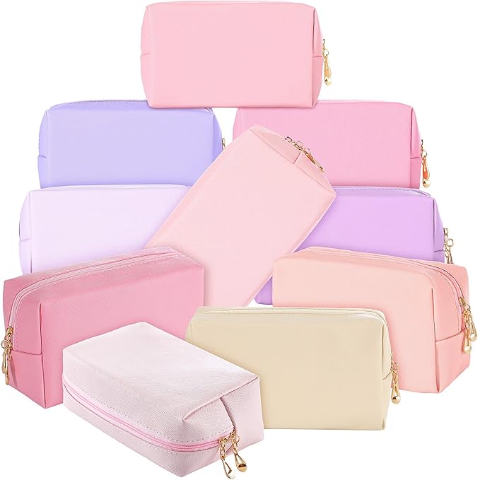 Sanwuta 9 Pcs Makeup Bags Bulk Bridesmaid Proposal Gifts Cosmetic Bags Preppy PU Leather Double Zipper Toiletry Pouch Portable Travel Organizer Case for Women Bachelorette Gift(Pink Purple Series)