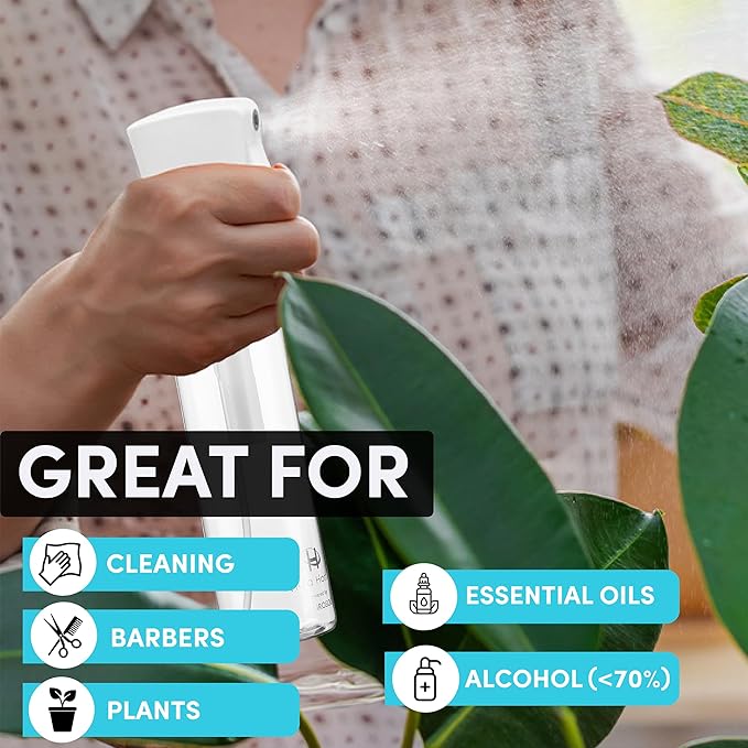 Hula Home Spray Bottle for Hair (10.1oz/300ml) - Continuous Ultra Fine Mist Sprayer – For Hairstyling, Cleaning, Salons, Plants, Essential Oil & More - White
