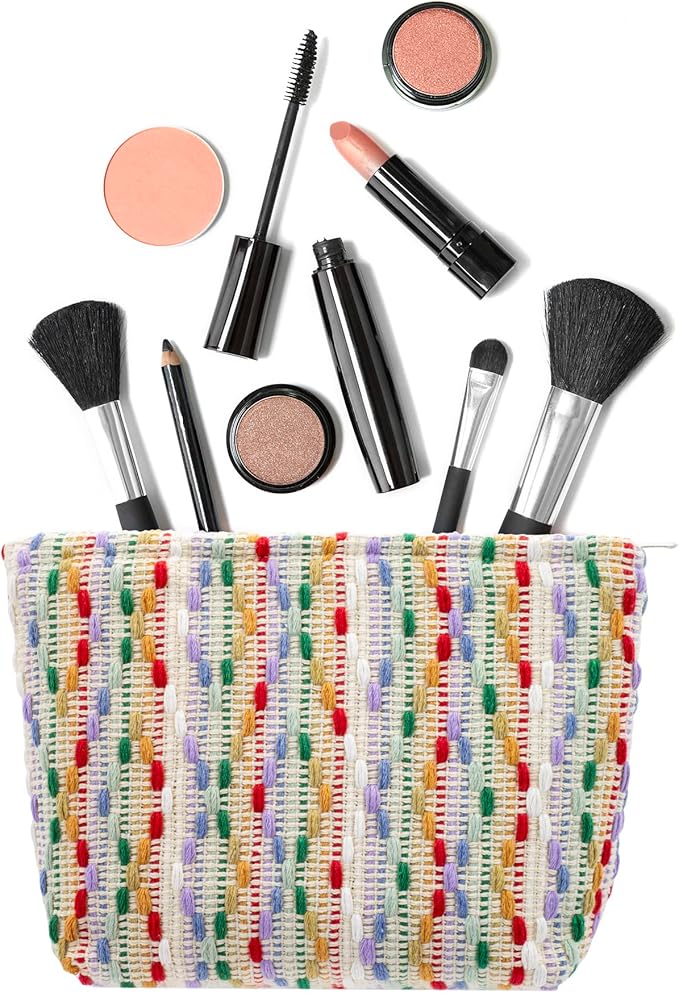 Flat Makeup Bag for Women,Zipper Cosmetic Pouch for Purse,Rainbow Dot