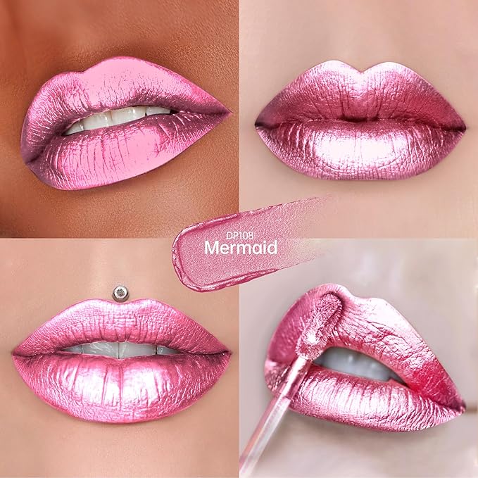 Depuplum Pink Lipsticks for Women Metallic Glitter Lipstick Long Lasting
