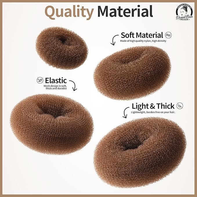 Teenitor Hair Bun Maker, Hair Buns for kids Girls, Hair Donuts, Ballet Bun Maker,4 Size, Light Brown