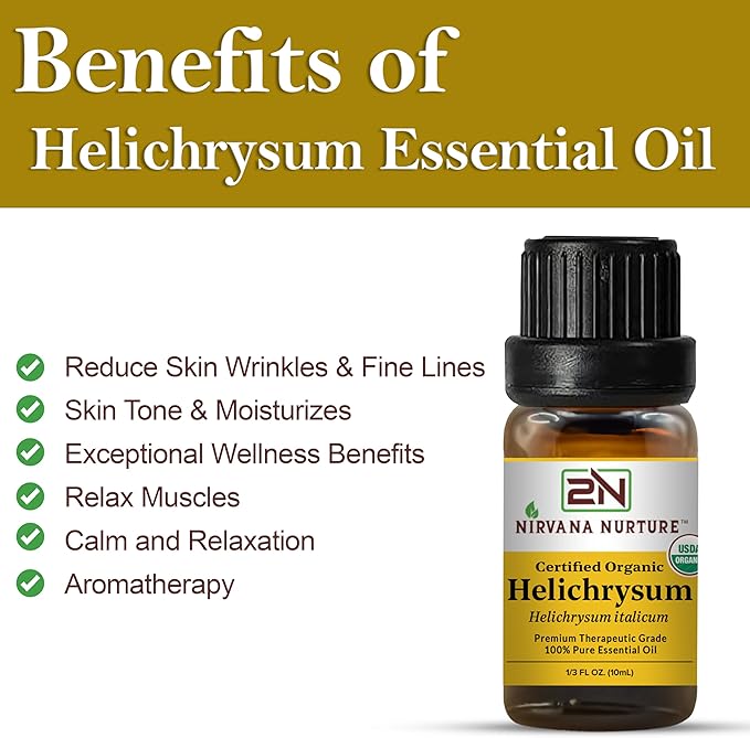 Nirvana Nurture Helichrysum Essential Oil, USDA Certified Organic, 100% Pure Undiluted, Aromatherapy Oil for Diffuser, Hair & Skin Care