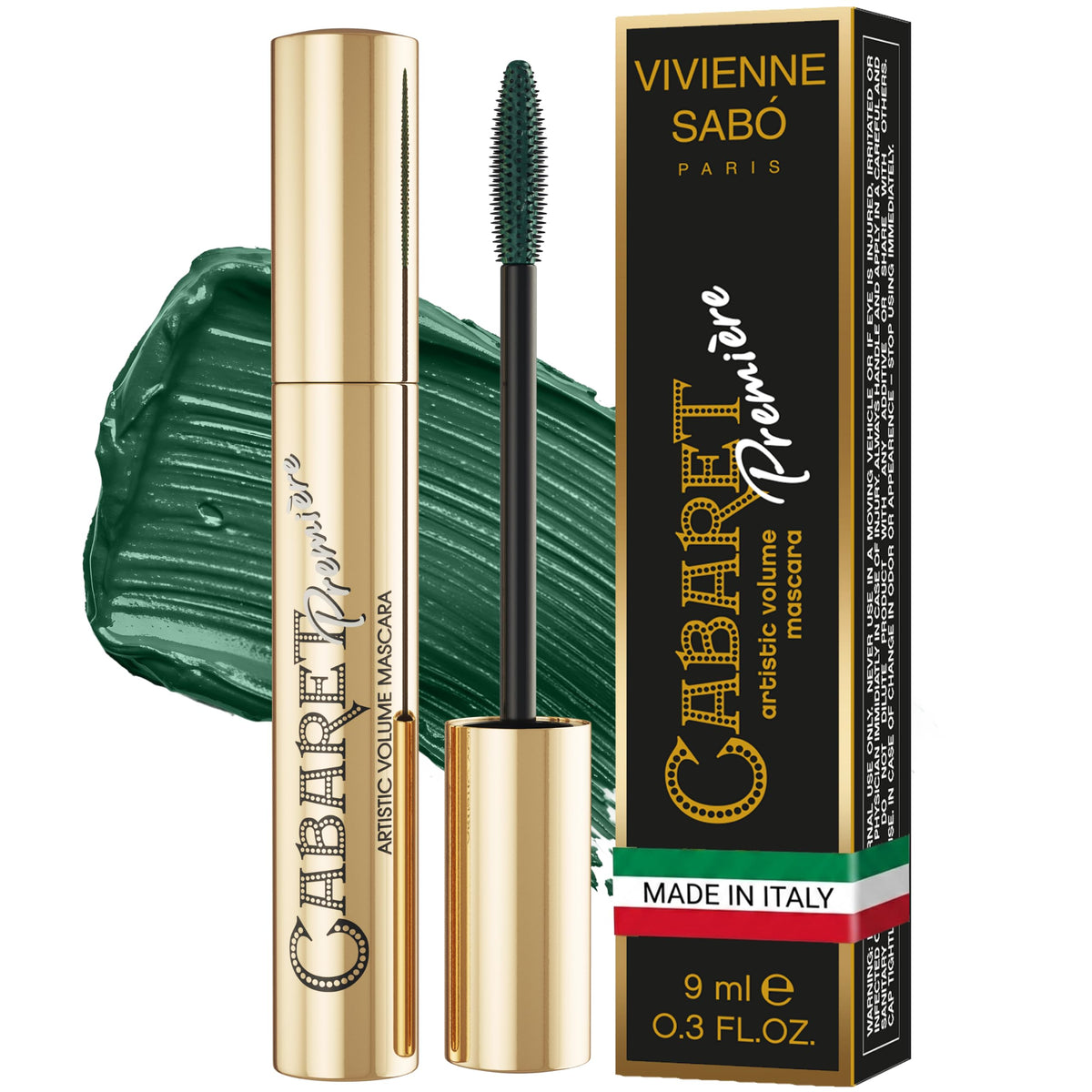 Vivienne Sabó Cabaret Premiere Green Mascara, Volume and Length, Defining, Curling, No Flaking, No Clumping, Smudge Proof, Washable, Cruelty-Free, Made in Europe, (06 Green), 0.3 Fl Oz, 1 Pack
