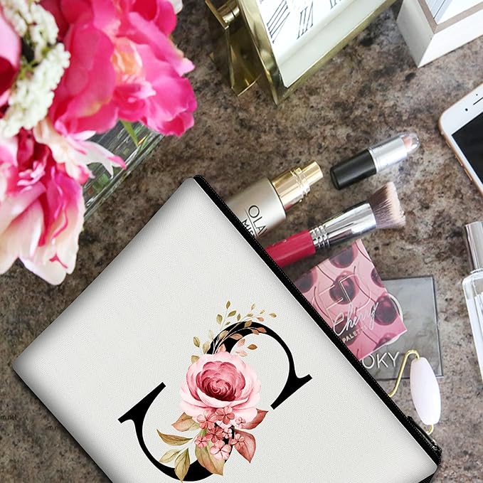 Vavabox A-Z Personalized Makeup Bag, Birthday Gifts for Women Mom, Gifts for Best Friend, Bride Bridesmaid Cosmetic bag (S, 01-White)