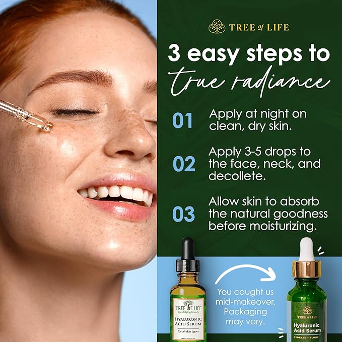 Tree of Life Hyaluronic Acid Serum for Face - Brightening and Hydrating Face Oil for Dark Spots and Fine Lines - Suitable for Sensitive Skin - Dermatologist Tested Skin Care - 1 Fl Oz