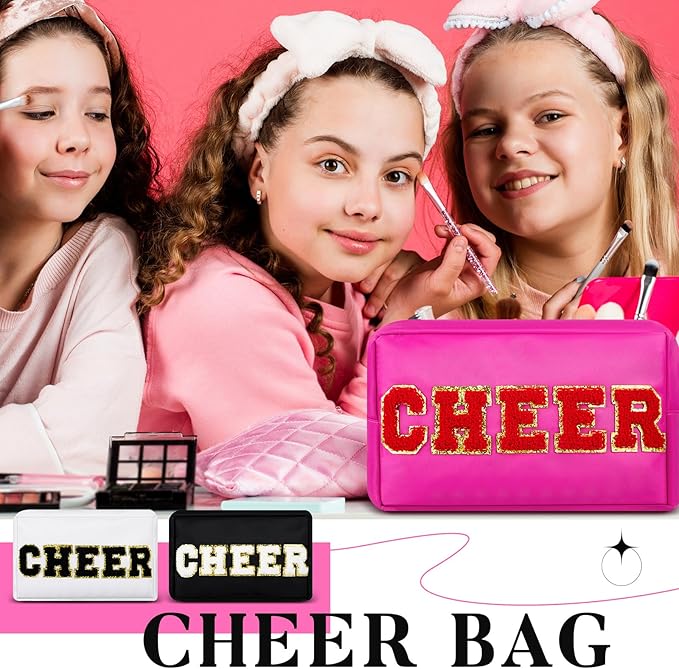 Clysee 6 Pcs Cheer Makeup Bag Chenille Cosmetic Bag with Letter Patches, Waterproof Portable Cheerleader Toiletry Zipper Pouch for Girls Women Teachers Appreciation Gifts (Pastel Colors)