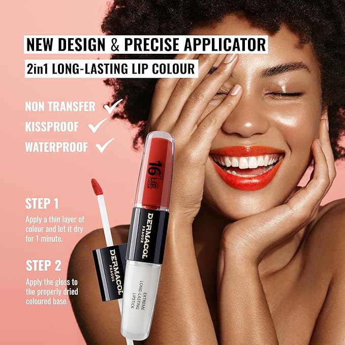 Dermacol 16-Hour Lip Color, Two-Phase Kissproof Lip Stain & Gloss, No.34