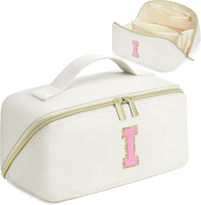 for Valentines Day Gifts, Makeup Bag for Women, PU Leather Travel Toiletry Bags, Initial Make Up Cosmetic Pouch for Teen Girls, Wide Open Portable Skincare Bag, Personalized Birthday Gifts, White I