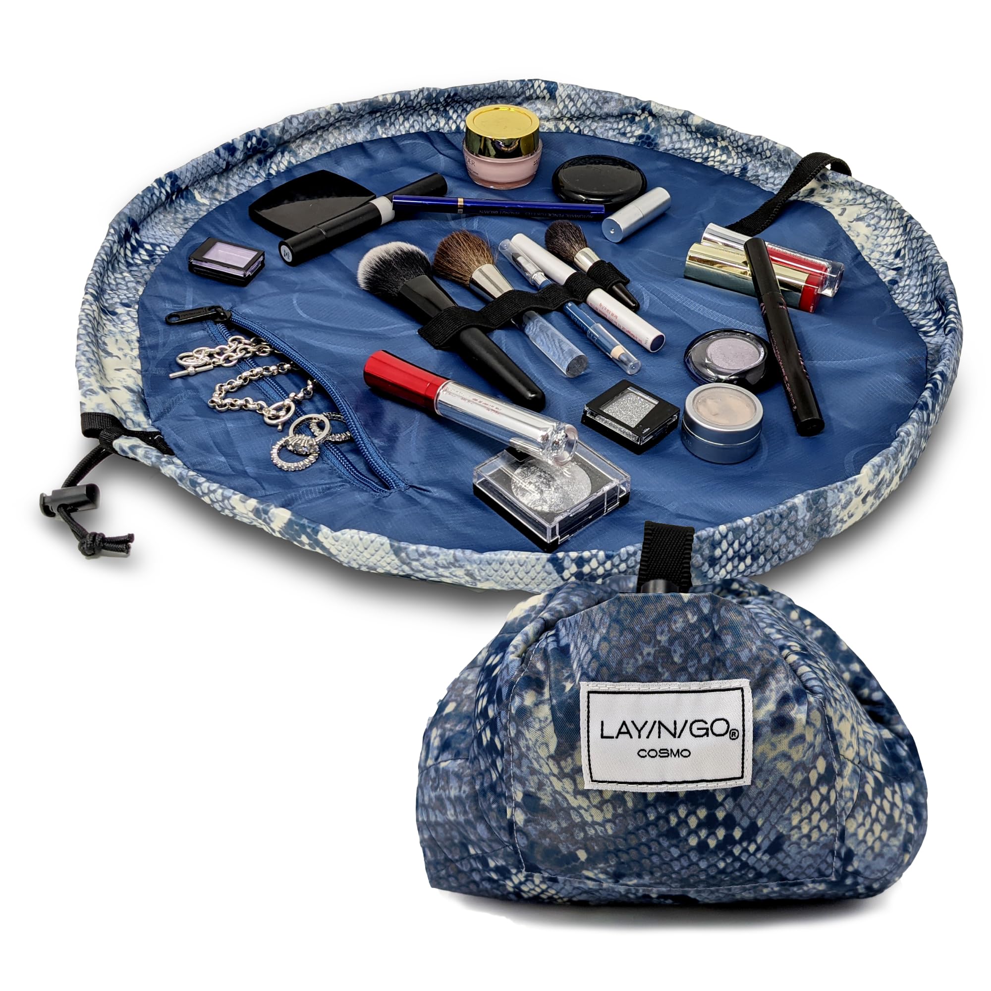 Lay-n-Go Cosmo Drawstring Cosmetic & Makeup Bag Organizer - Portable Drawstring Makeup Bag w/Zipper Pocket, Makeup Loops & More - Durable, Machine Washable Toiletry Bag (20", Blue Snakeskin)