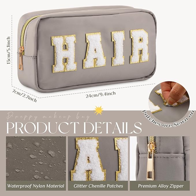 Cunno Preppy Makeup Bags Chenille Letter Stuff Bag Nylon Cosmetic Pouch Cases with Zipper for Women Travel Toiletry(Soft Color,Soft,4 Pcs)