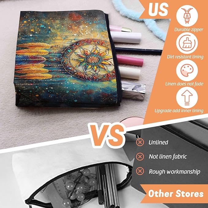 Scribesense Cosmetic Bags Travel Makeup Toilet Case Waterproof Pouch for Women Girls 6.7X9.45inches - Ornate Dreamcatcher With Colorful Feathers And Beads