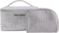 Juicy Couture Silver Sparkle Makeup Bag Set Cosmetics Organizer Travel Essentials Train Case Coin Purse Glitter Rhinestone Velour