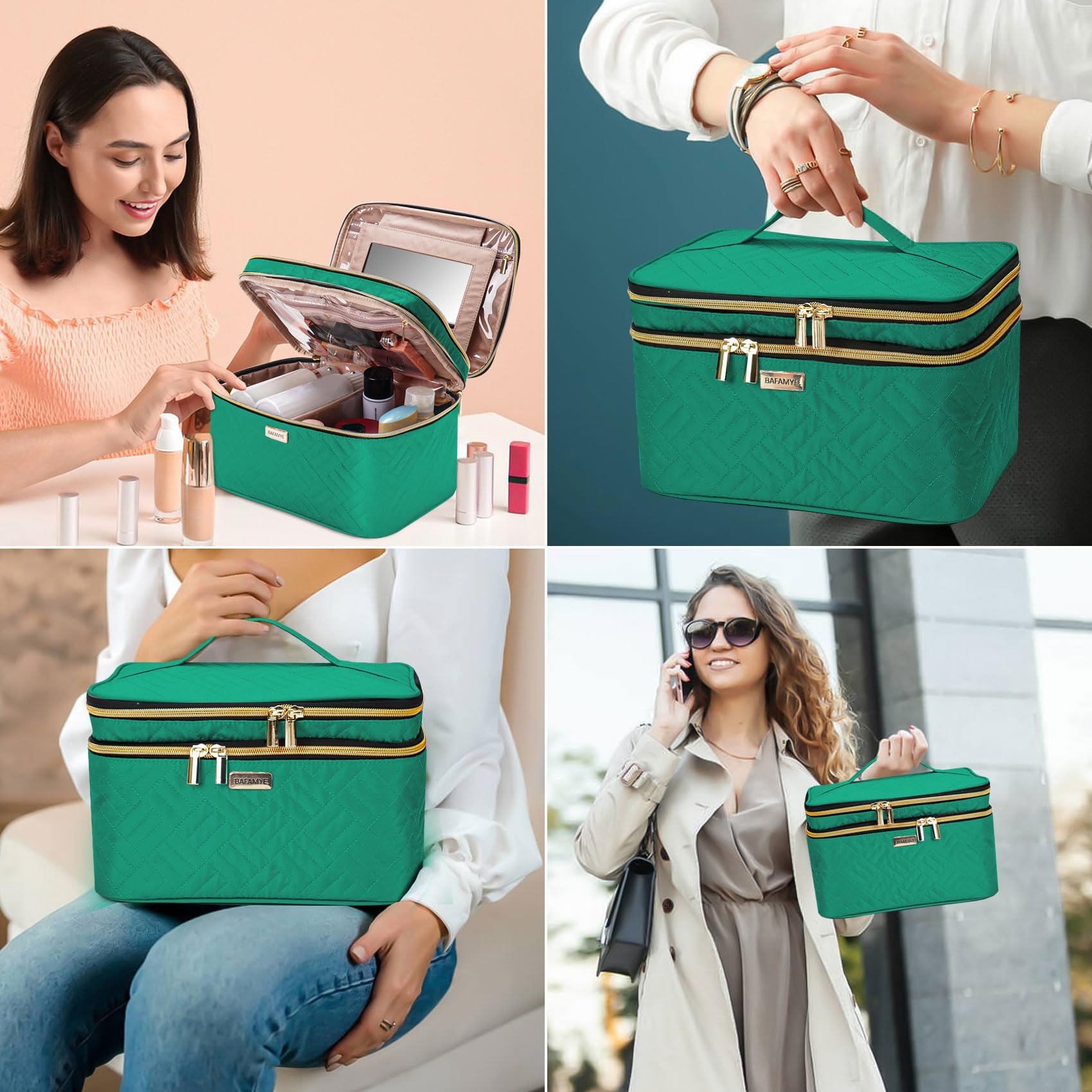 BAFAMYE 8.8L Double Layer Travel Makeup Bag With Mirror For Women, Large Cosmetic Case, Organizer for Travel-Size Accessories Bottles, Brushes,and Skin Care Products, 2.33 GAL, Green…