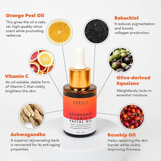 Kerala Botanics Ayurvedic Vitamin C Face Oil – Brightening Face Serum with Bakuchiol, Rosehip Oil & Squalane for Dark Spots, Fine Lines & Dull Skin – Non-Greasy Glow Oil for All Skin Types, 1 Fl Oz