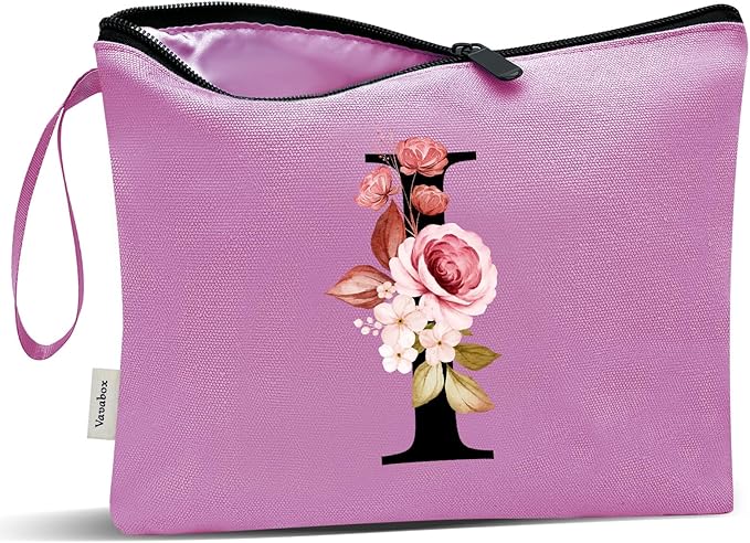 Vavabox A-Z Personalized Makeup Bag, Birthday Gifts for Women Mom, Gifts for Best Friend, Bride Bridesmaid Cosmetic bag (I, 07-Purple)