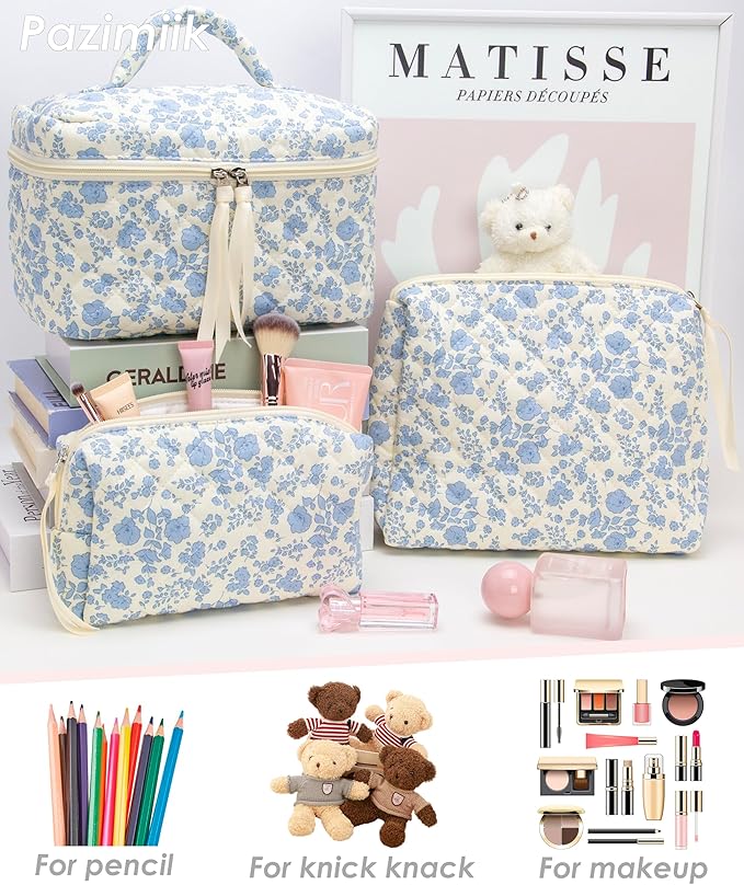 3 Piece Quilted Makeup Bag Set for Women,Cosmetic&Toiletry Bag,Flower Blue