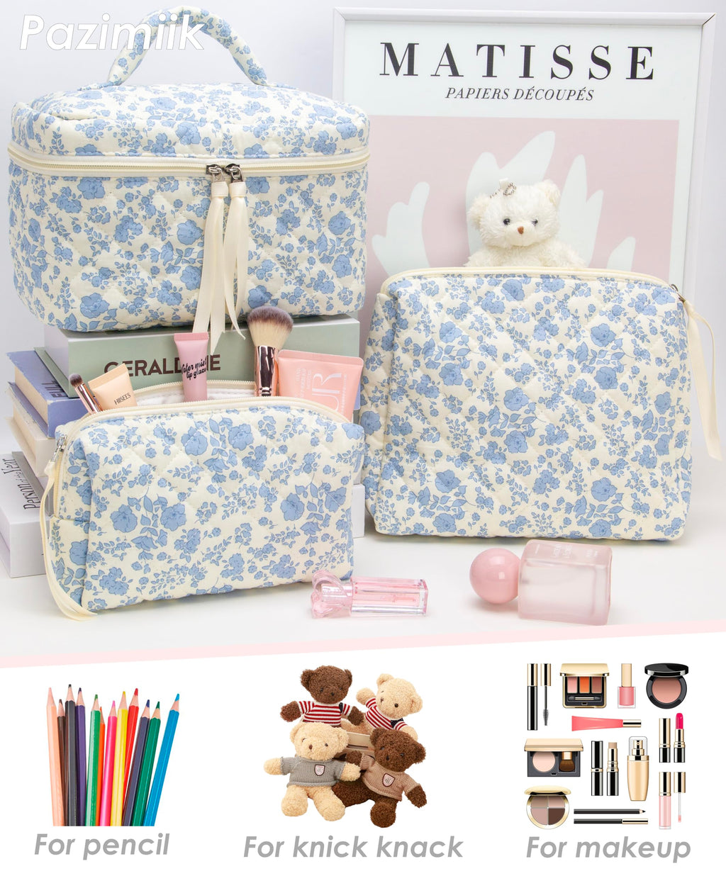 3 Piece Quilted Makeup Bag Set for Women,Cosmetic&Toiletry Bag,Flower Blue