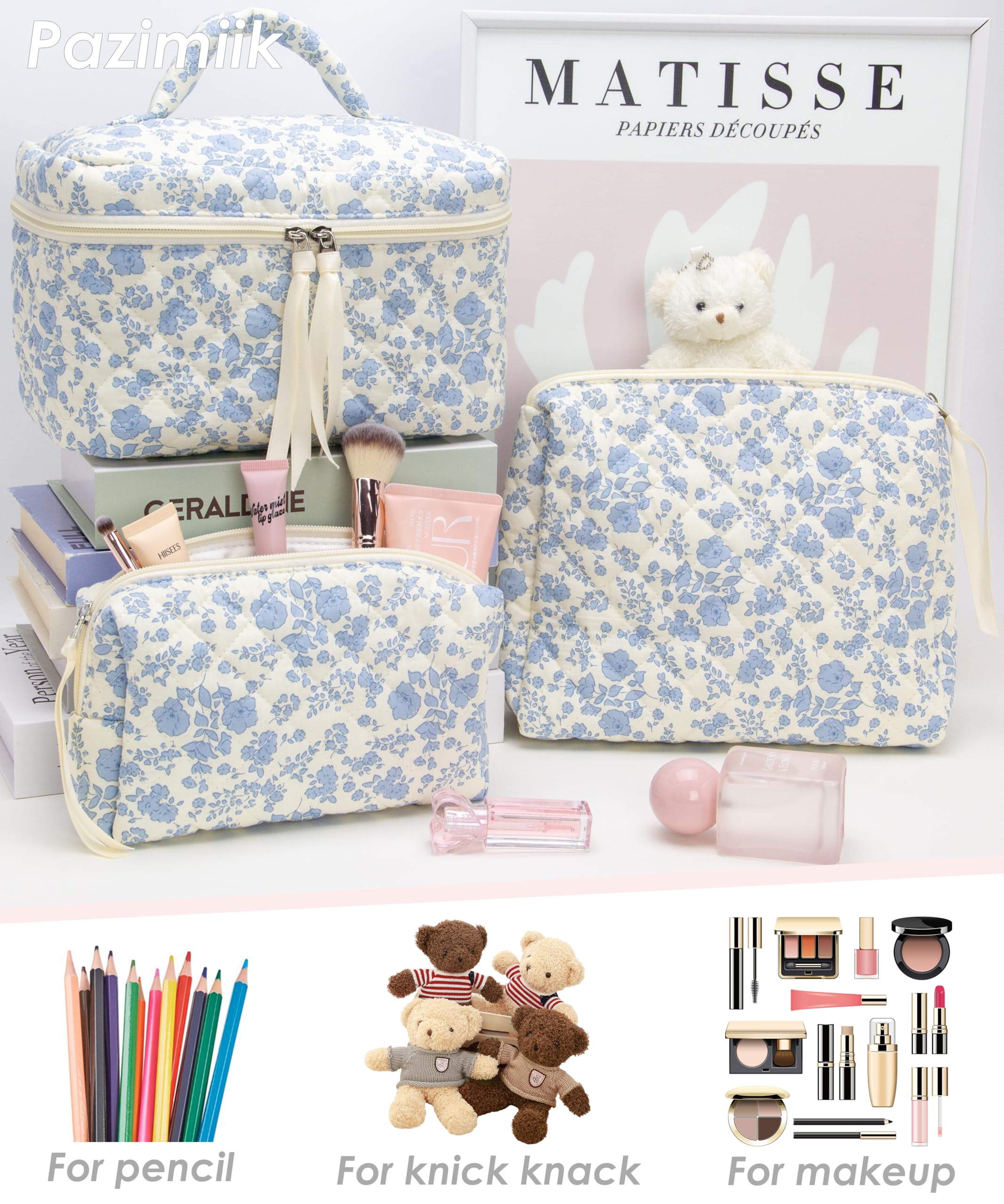 3 Piece Quilted Makeup Bag Set for Women,Cosmetic&Toiletry Bag,Flower Blue