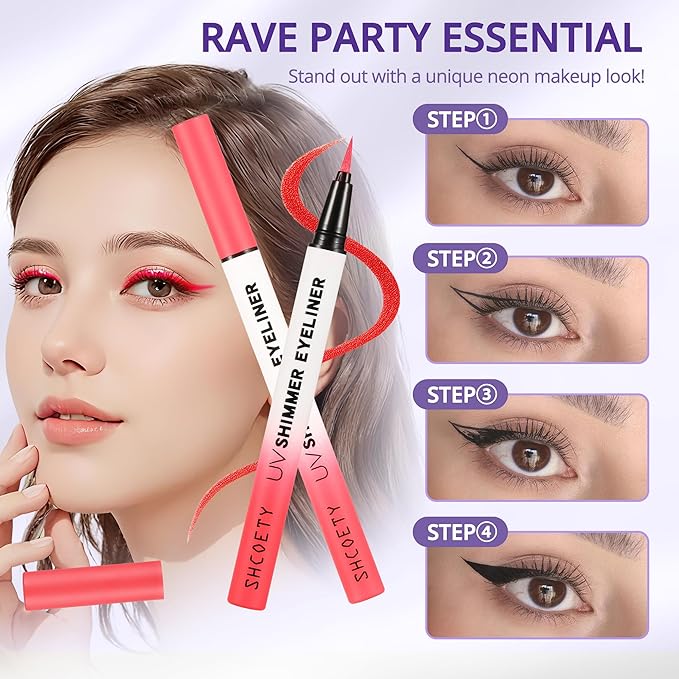 Wismee Metallic Neon Liquid Eyeliner, Glitter Neon Colored Eyeliners Pen, High Pigmented, Waterproof Smudge-Proof and Long-Lasting Metallic Eye Makeup for Halloween Christmas,Shimmer Red