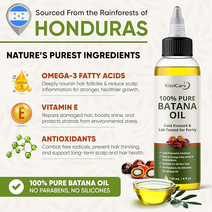 Klencare Batana Oil for Hair Growth, 100% Pure Raw Unrefined Cold Pressed Hair Oil from Honduras, Scalp Care Oil for Dry Frizzy Hair, 4 fl oz