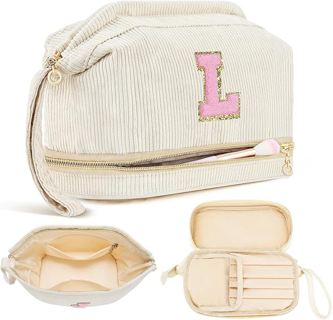 Makeup Bag for Girls Gift, Personalized Valentines Day Gifts Initial Women Makeup Bag for Travel, Double Layer Cosmetic Bag with Brush Organizer Preppy Make up Bag for Teen Girl Trendy - L