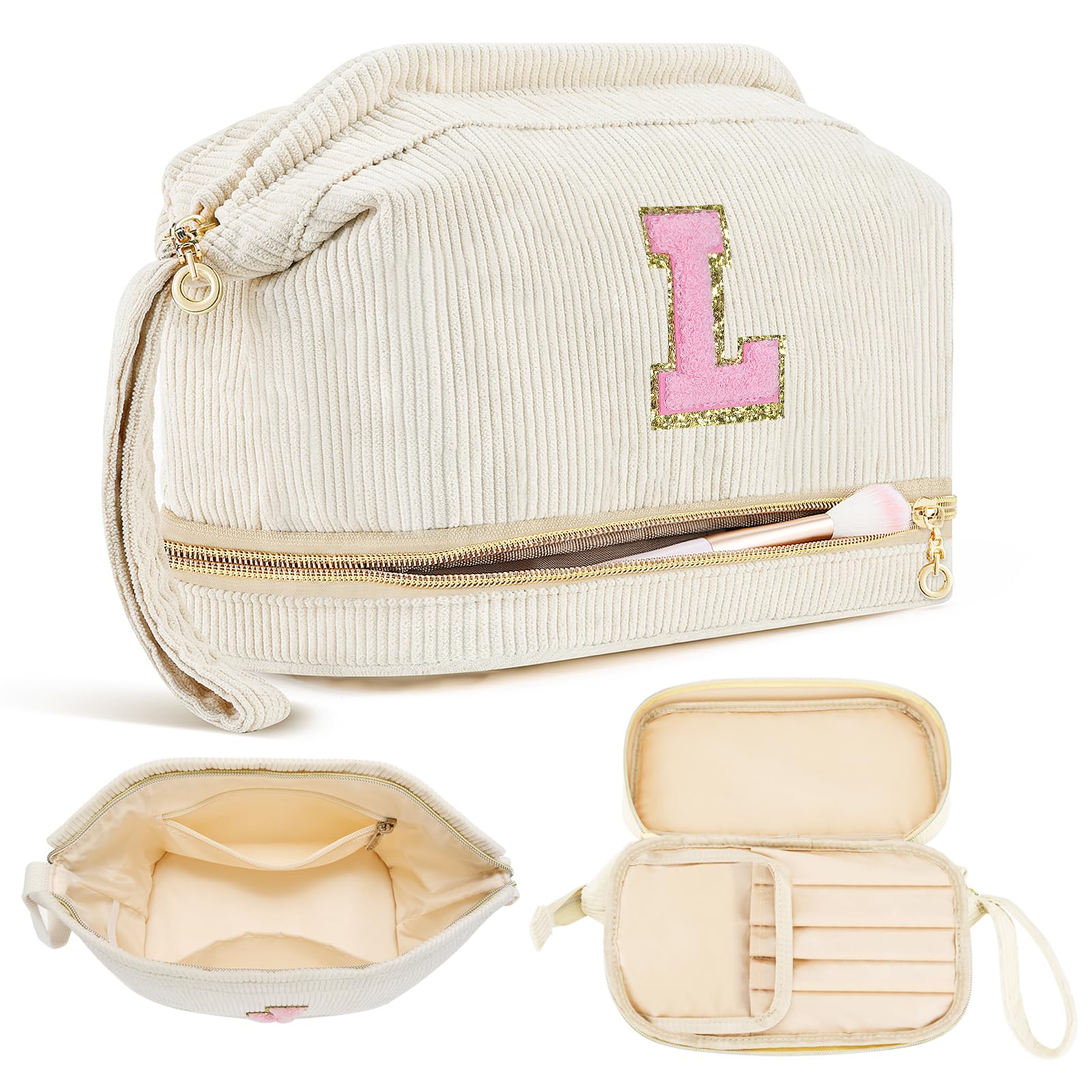 Makeup Bag for Girls Gift, Personalized Valentines Day Gifts Initial Women Makeup Bag for Travel, Double Layer Cosmetic Bag with Brush Organizer Preppy Make up Bag for Teen Girl Trendy - L
