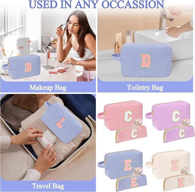 Sernaxi Personalized Initial Makeup Bag Trendy Stuff Corduroy Cosmetic Bag Travel Toiletry Bag, Valentine’s Day Gift Makeup Organizer Case & Makeup Pouch for Women Teen Girls Mom Girlfriend Wife