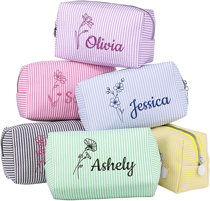 Ajiangwu Personalized Makeup Bag with Embroidered Name&Birth Flower for Bridesmaid Gifts,Custom Small Travel Cosmetic Bag Toiletry Bag Wedding Gifts for Bride