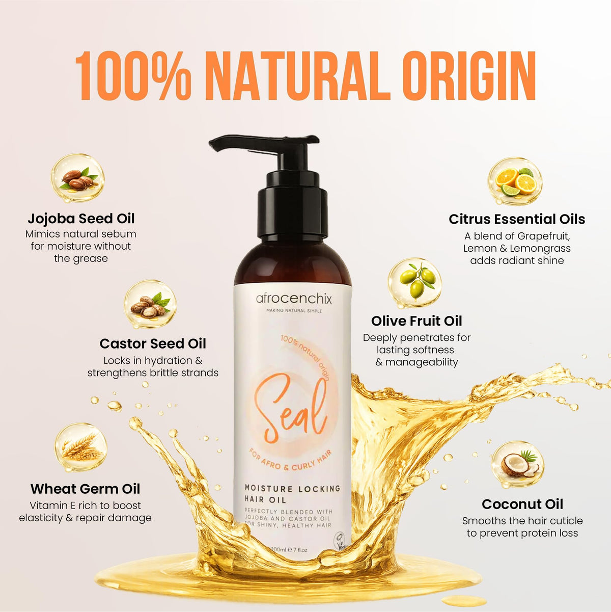Afrocenchix Seal - Jojoba Oil for Afro and Curly Hair - Moisture Locking Pure and Natural Joba and Castor Oils for Shine, Growth, and Thicker Healthier Hair - Organic Vegan Formula - 200ml (7oz)