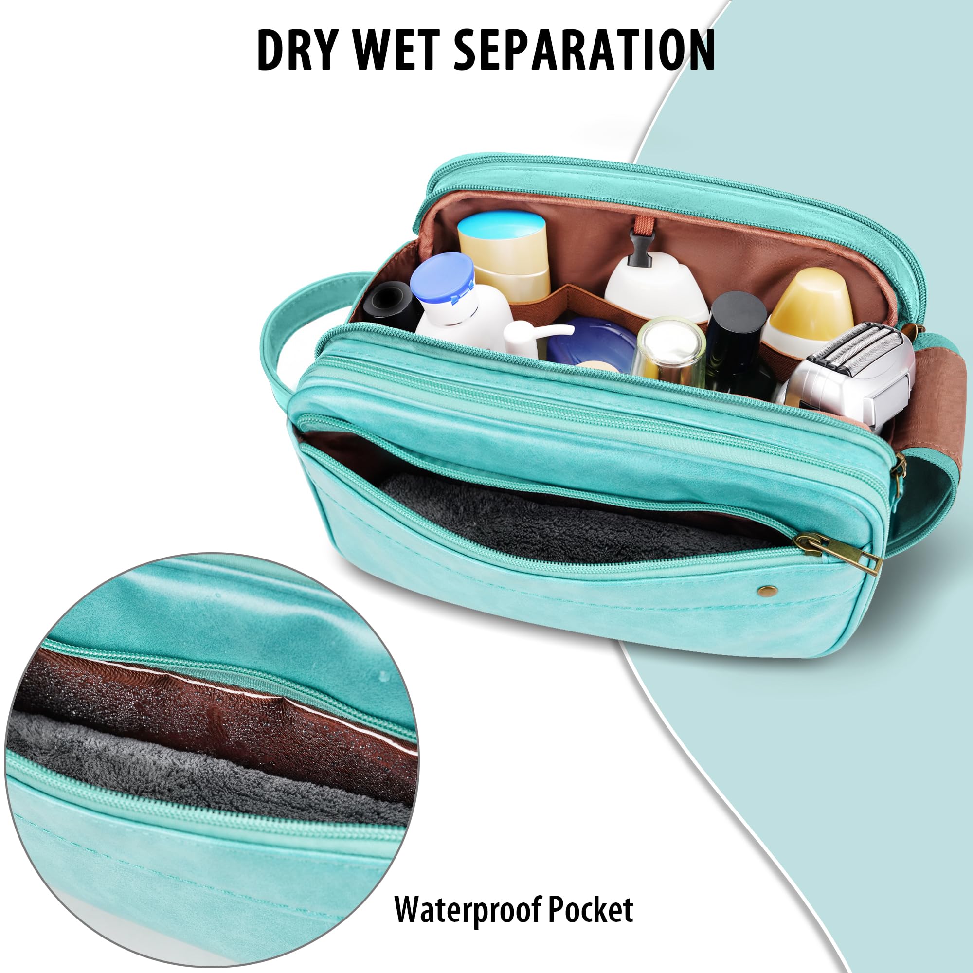 COOSKY Travel Toiletry Bag for Men, Large Hanging Toiletries Organizer Bags for Women, Cruise Ship Essentials, Water-resistant Shaving Case, PU Leather Makeup Accessories, Cosmetic Dopp Kit, Lake Blue