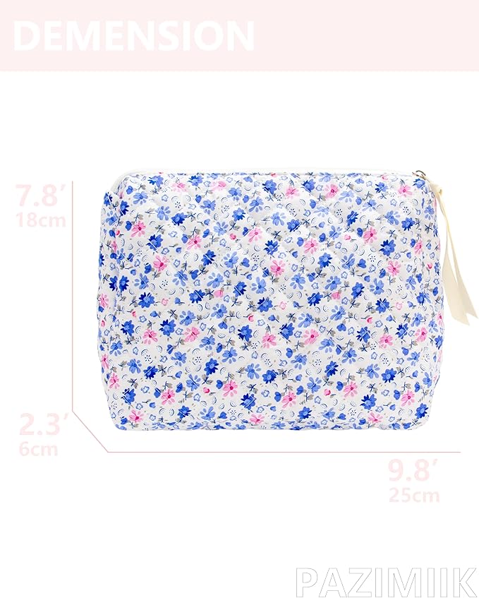 Quilted Makeup Pouch for Women, Travel Cosmetic&Toiletry Bag,Floral Blue