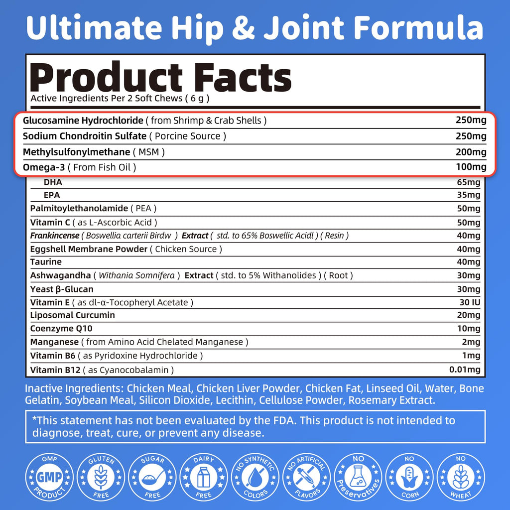 POPPAW Senior Advanced Joint Supplement for Dogs – 17-in-1 Glucosamine for Dogs with Chondroitin – Hip & Joint Pain Relief Pills – Mobility Support Chews – Large & Small Breeds - Chicken Flavor – 90Ct