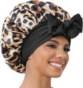 GDTOGRT Satin Silk Bonnet for Sleeping Women, Double Layer Sleep Hair Bonnets Caps for Curly Natural Hair with Tie Band Leopard-Black