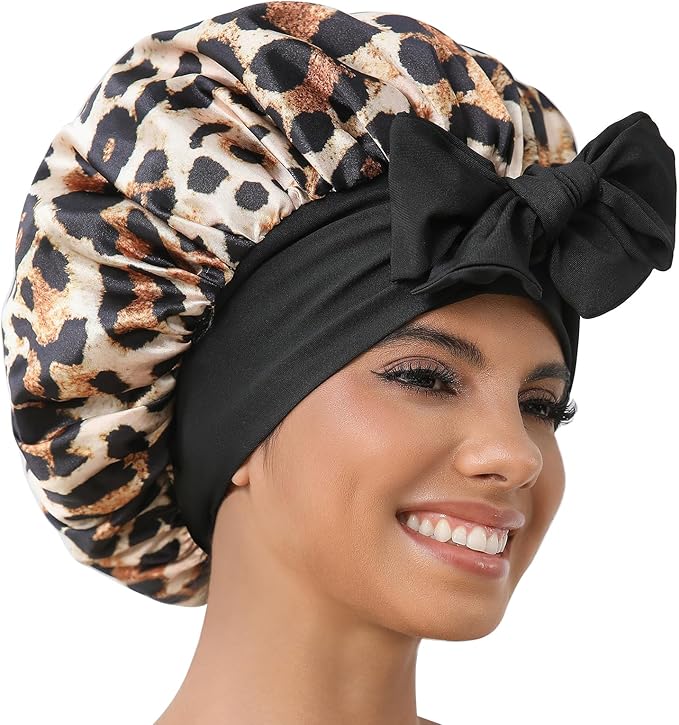 GDTOGRT Satin Silk Bonnet for Sleeping Women, Double Layer Sleep Hair Bonnets Caps for Curly Natural Hair with Tie Band Leopard-Black
