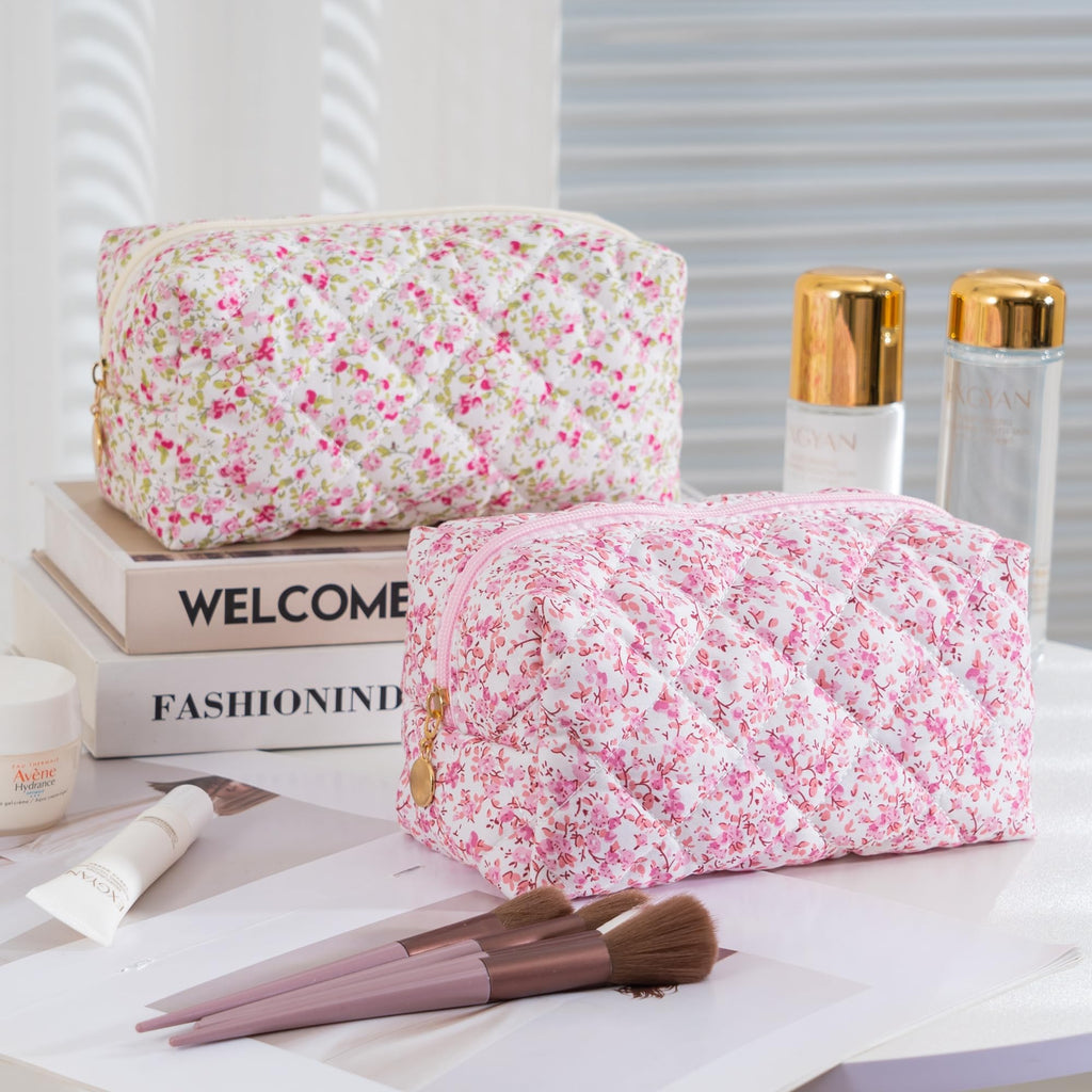UUYUUY Makeup Bag Travel Toiletry Bag for Women, Small Cosmetic Bags Cute Quilted Cotton Makeup Pouch for Purse Emergency Bag Pencil Case Accessory Bag, Baby Pink