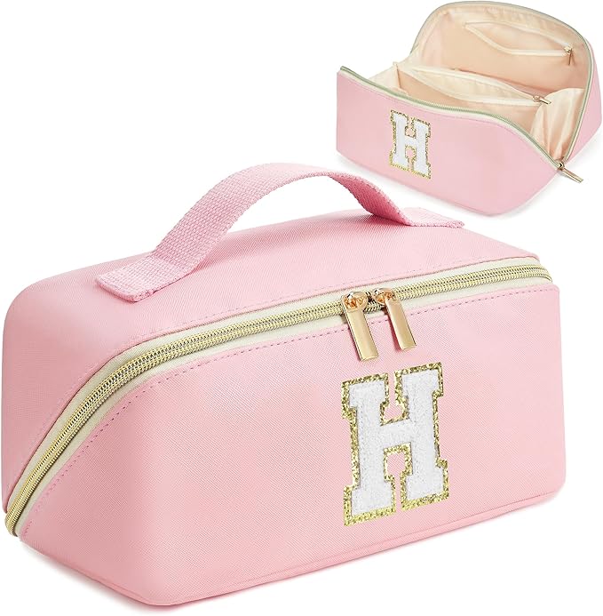 for Valentines Day Gifts, Makeup Bag for Women, PU Leather Travel Toiletry Bags, Initial Make Up Cosmetic Pouch for Teen Girls, Wide Open Portable Skincare Bag, Personalized Birthday Gifts, Pink H