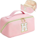 for Valentines Day Gifts, Makeup Bag for Women, PU Leather Travel Toiletry Bags, Initial Make Up Cosmetic Pouch for Teen Girls, Wide Open Portable Skincare Bag, Personalized Birthday Gifts, Pink H