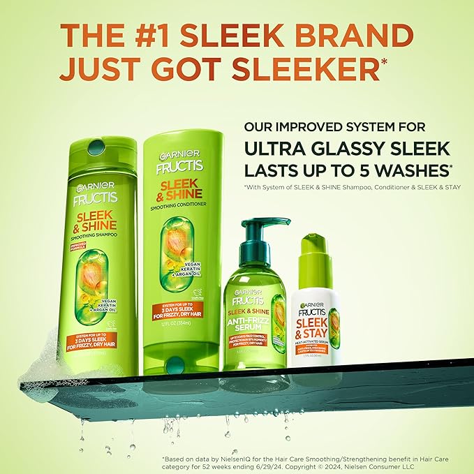 Garnier Fructis Sleek & Shine Shampoo and Conditioner Set with Anti-Frizz Serum for Frizzy Hair, Up to 72H of Frizz Control, Smooths Flyaways & Boosts Shine, 3 Items 29.6 Fl Oz (Packaging May Vary)