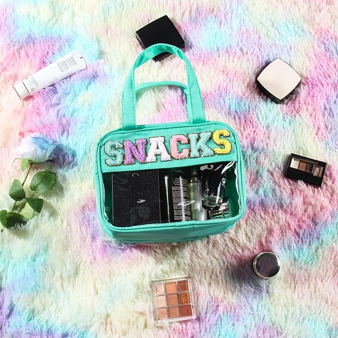 BuyCard Chenille Letter Clear Makeup Bags, Snacks Bag for Travel, Preppy Patch Nylon Cosmetic Bag with Handles and Zipper, Waterproof Large Clear Travel Toiletry Bag Storage Bag for Women Green