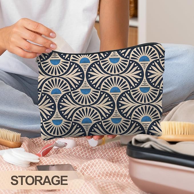 RYYCDOI Boho Makeup Bag Gifts for Women, Sunset Leaf Aesthetic Makeup Pouch(Blue)