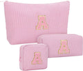 MONSTINA Initial Makeup Bag,Monogram Cosmetic Pouch,Personalized Make Up Case for Girlfriend Graduation Teacher Gifts,Cute Toiletry Bag Preppy Chenille Letter Patch,Pink A