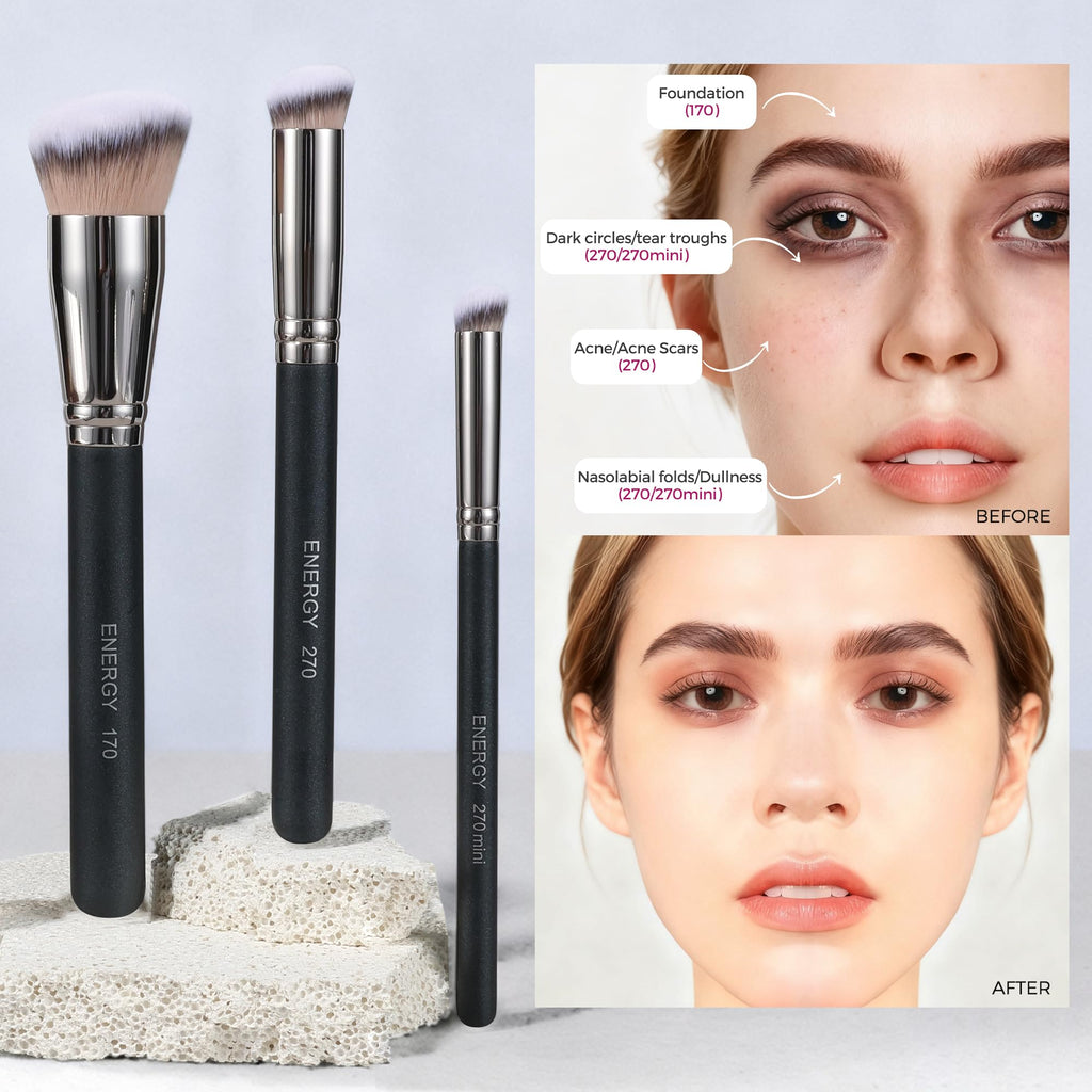 ENERGY Makeup Brush Set Professional 3pcs Foundation Concealer Detail Brushes Soft Synthetic Bristles Vegan Face Makeup Brushes for Liquid Cream Powder Flawless Blending Buffing with Travel Case