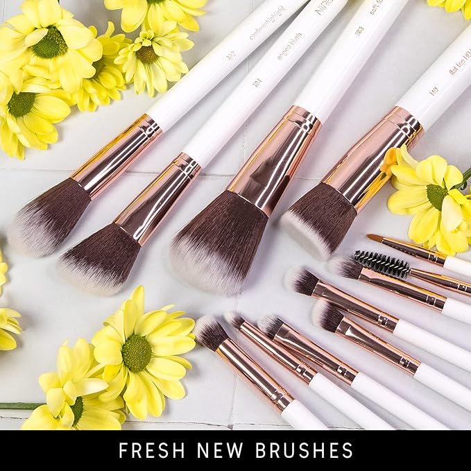 Niré Beauty Travel Makeup Brush Set with Case, 15 Piece, White