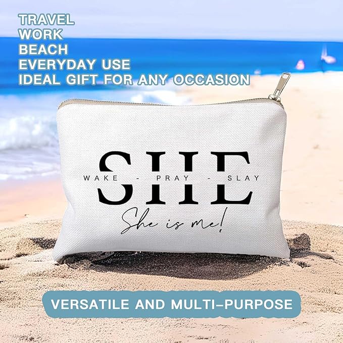 HubbgDesign She Wake Pray Slay Makeup Bag, Motivational Cosmetic Pouch for Women, I Am Strong Affirmation Makeup Case, Boss Girl Travel Toiletry Bag, Gift Idea for Her