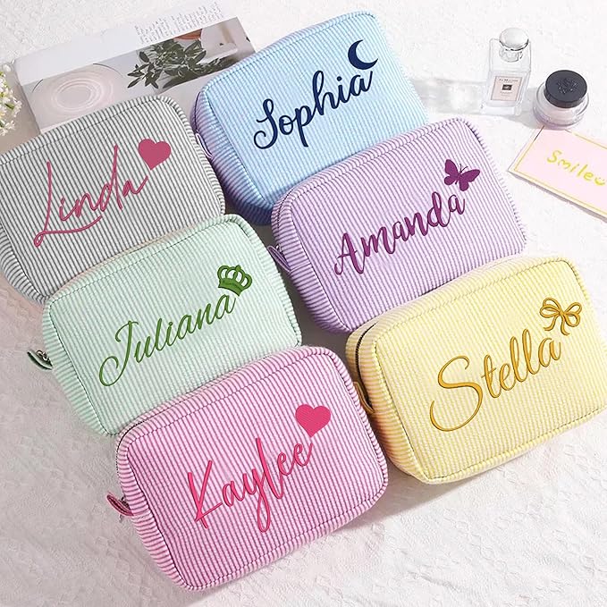 Yofair Personalized Makeup Bag with Name, Bridesmaid Gifts Large Capacity Travel Toiletry Case Custom Seersucker Cosmetic Bags Wedding Birthday Gifts for Girls Women
